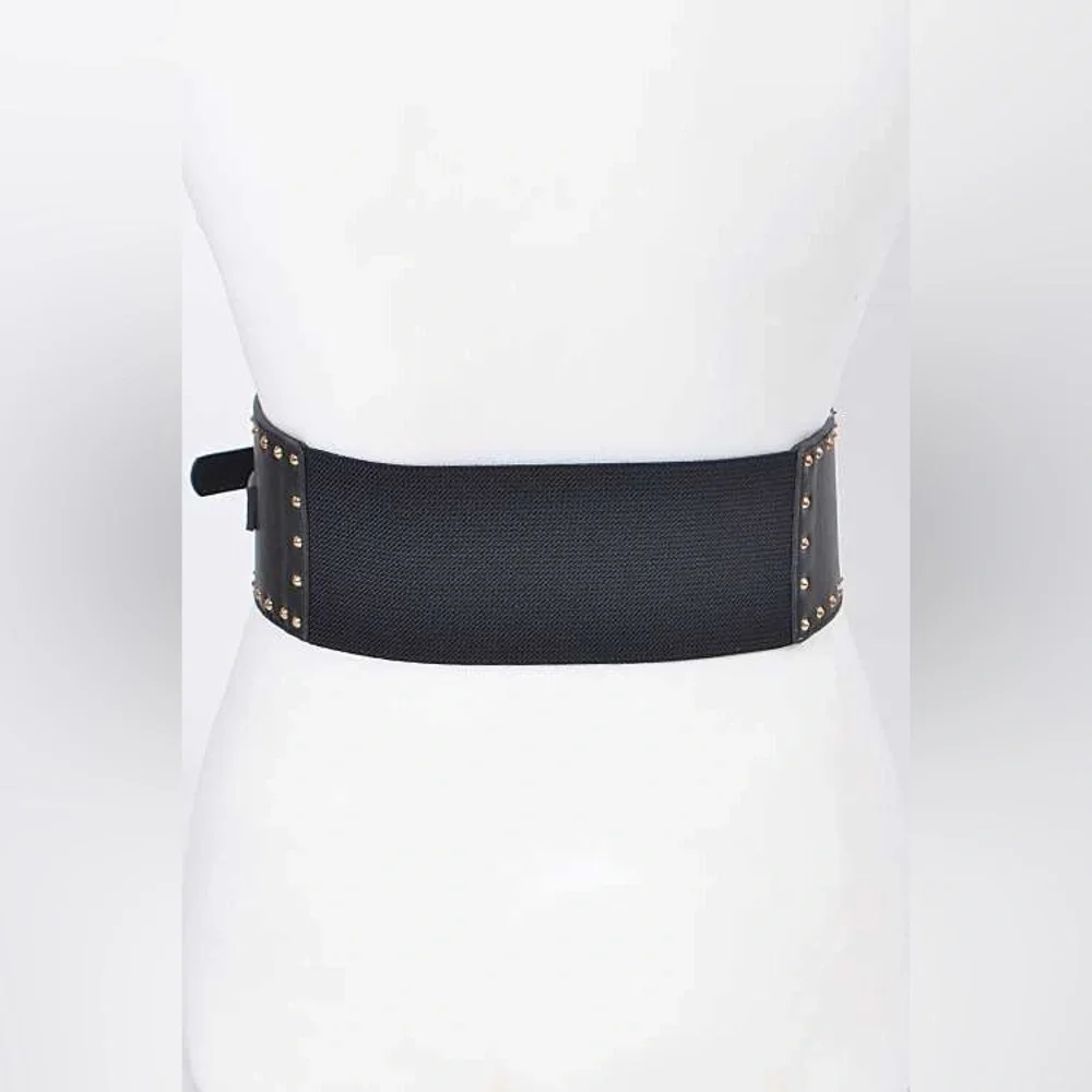 Black & Gold Vegan Leather Elastic Waist Corset Statement Belt